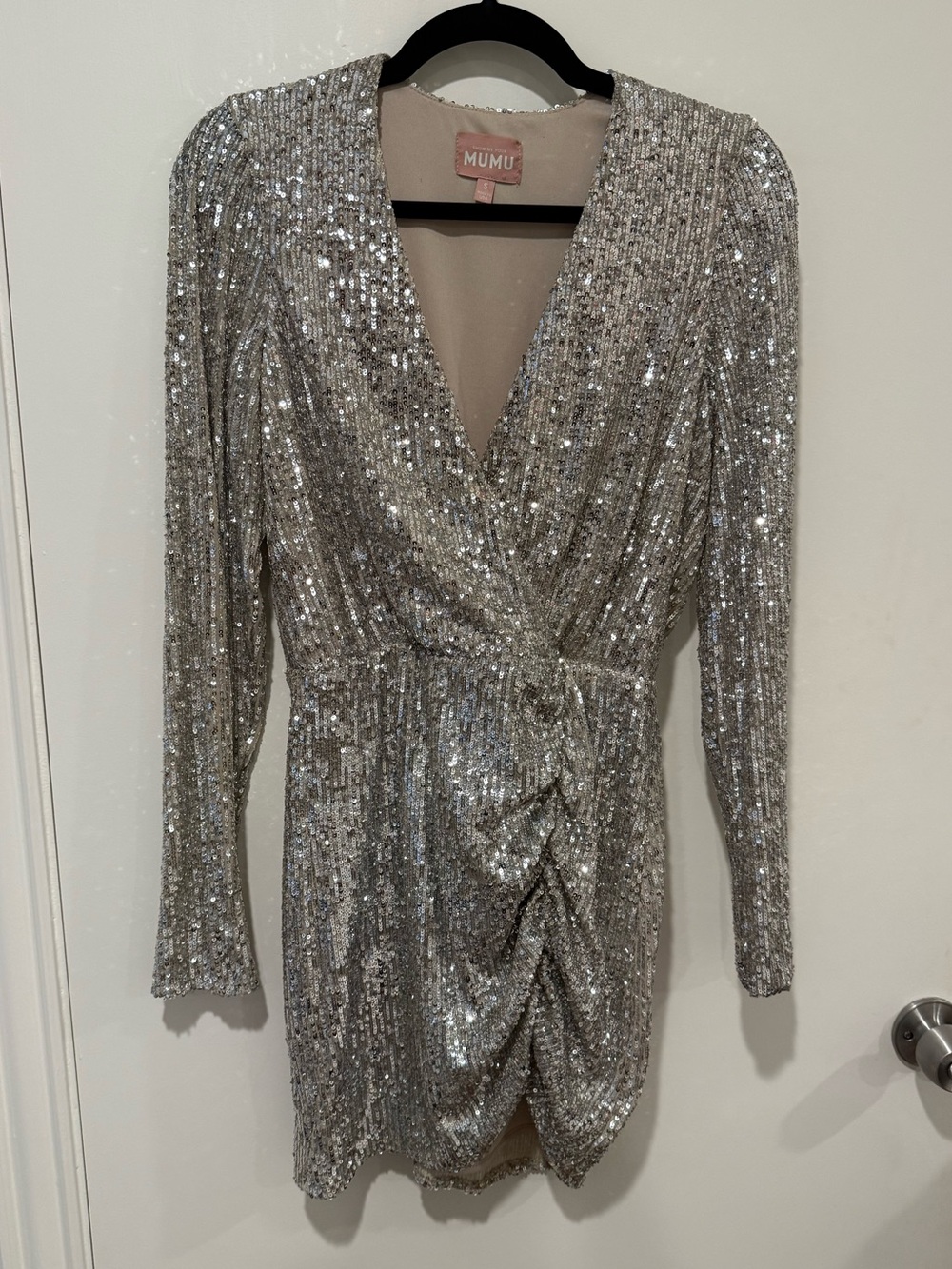 Show Me Your MuMu Silver Sequin Wrap Long Sleeve Mini Dress